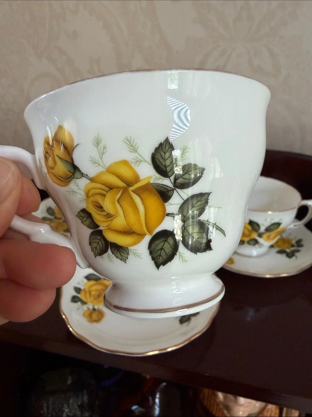 Set of 3 Vintage Royal Vale Yellow Rose Bone China Tea Cups and Saucers